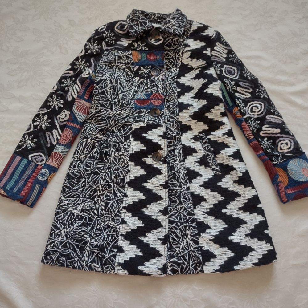 Palila San Francisco wearable art patchwork coat mixed prints and textures